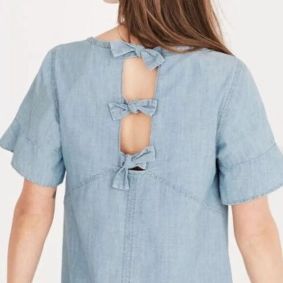 Madewell Chambray Bow Back Dress Blue - Medium - Picture 3 of 11